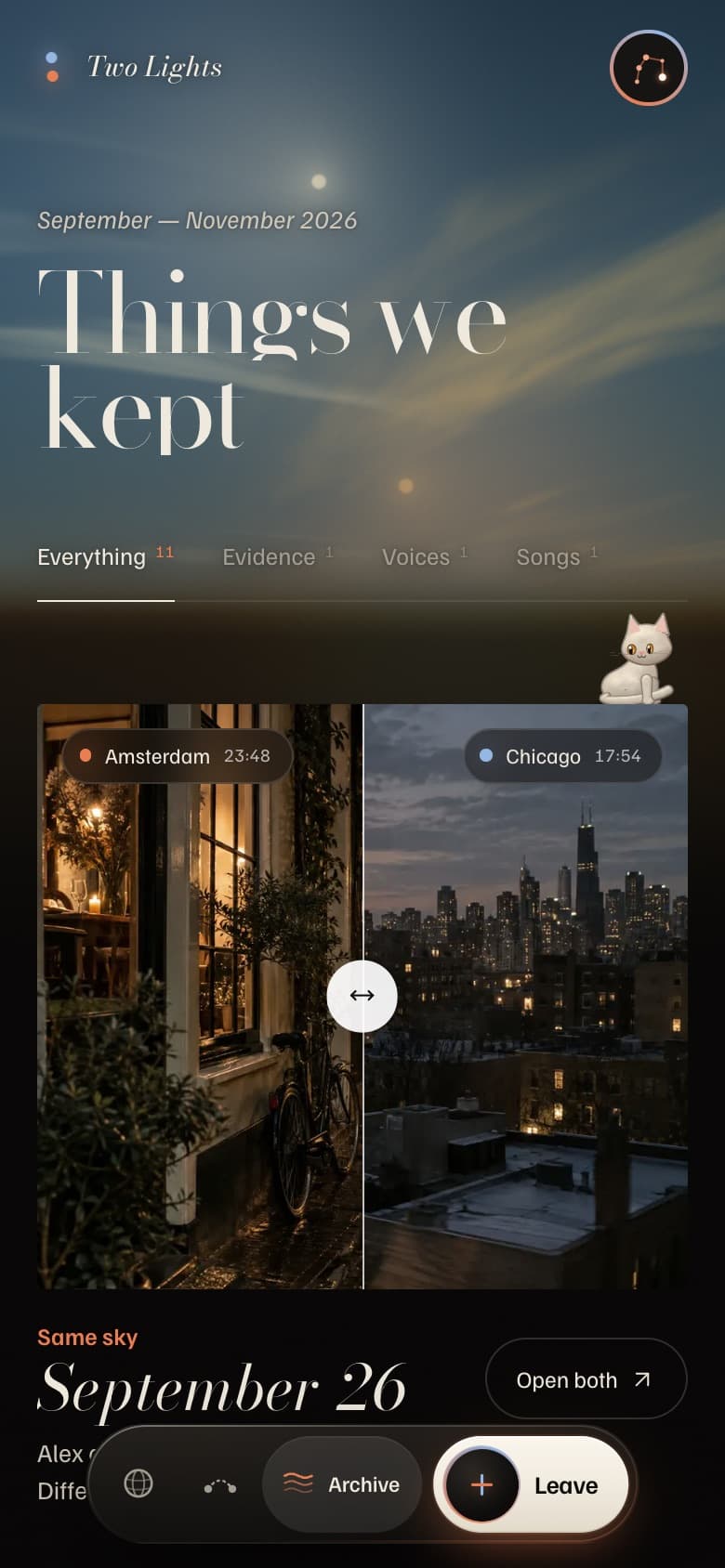 The Archive: two photos side by side, Amsterdam at night and Chicago at dusk, under the heading Same sky