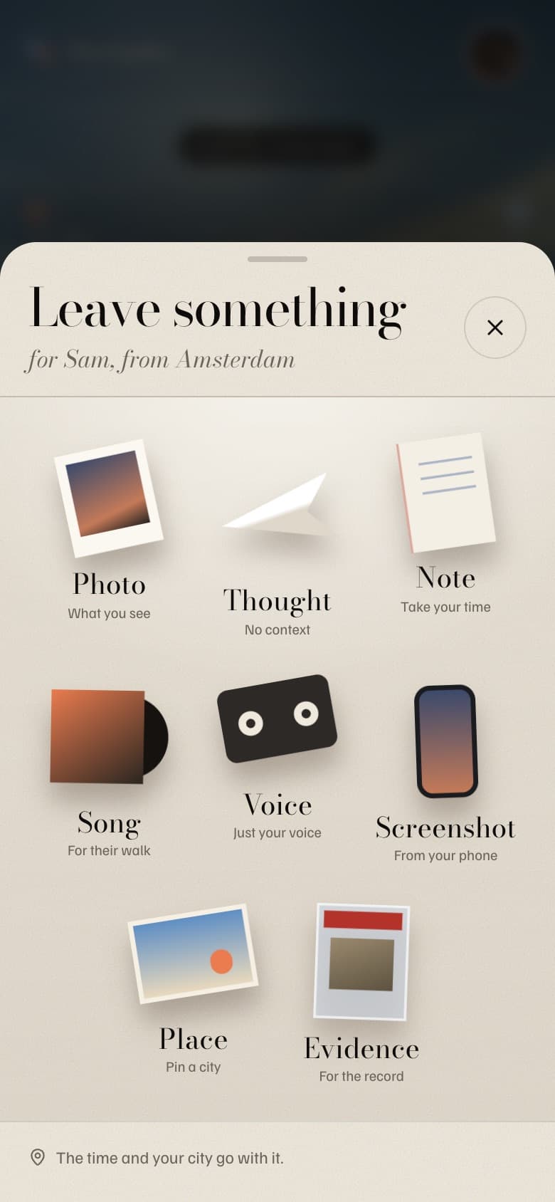 Leave something: photo, thought, note, song, voice, screenshot, place and evidence, each drawn as a paper object