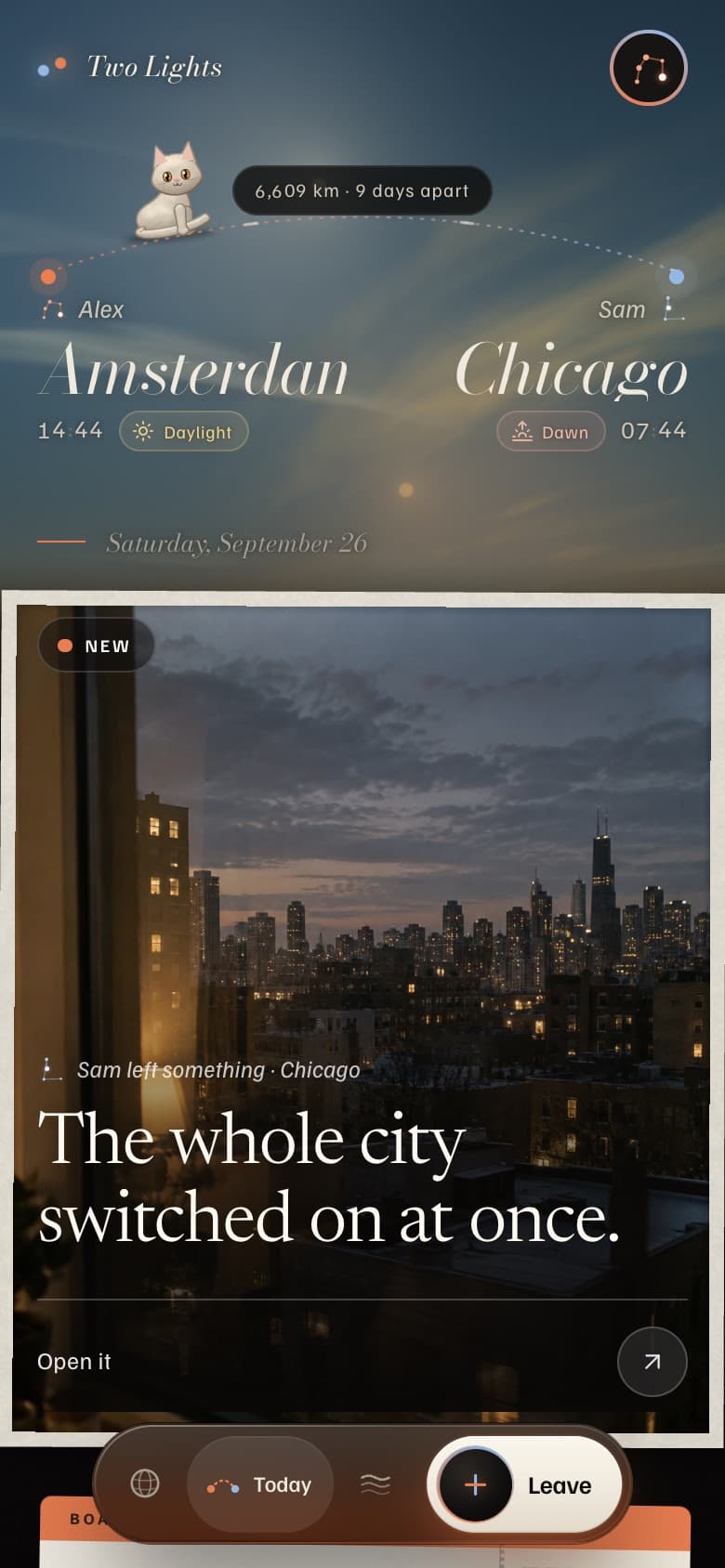 Today: Amsterdam and Chicago under one evening sky, with a photo Sam just left
